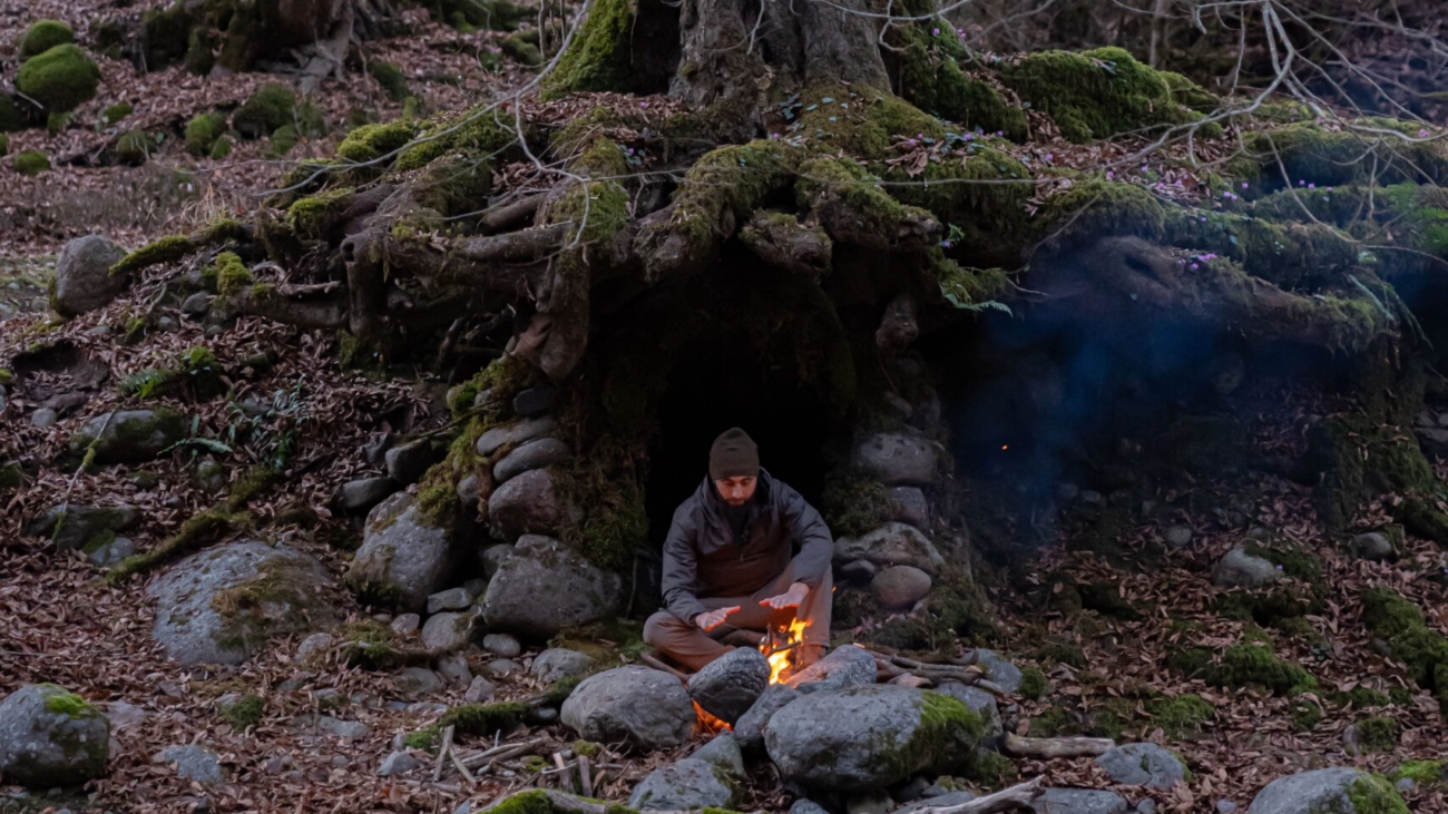 Pequeña hoguera en un bosque con musgo